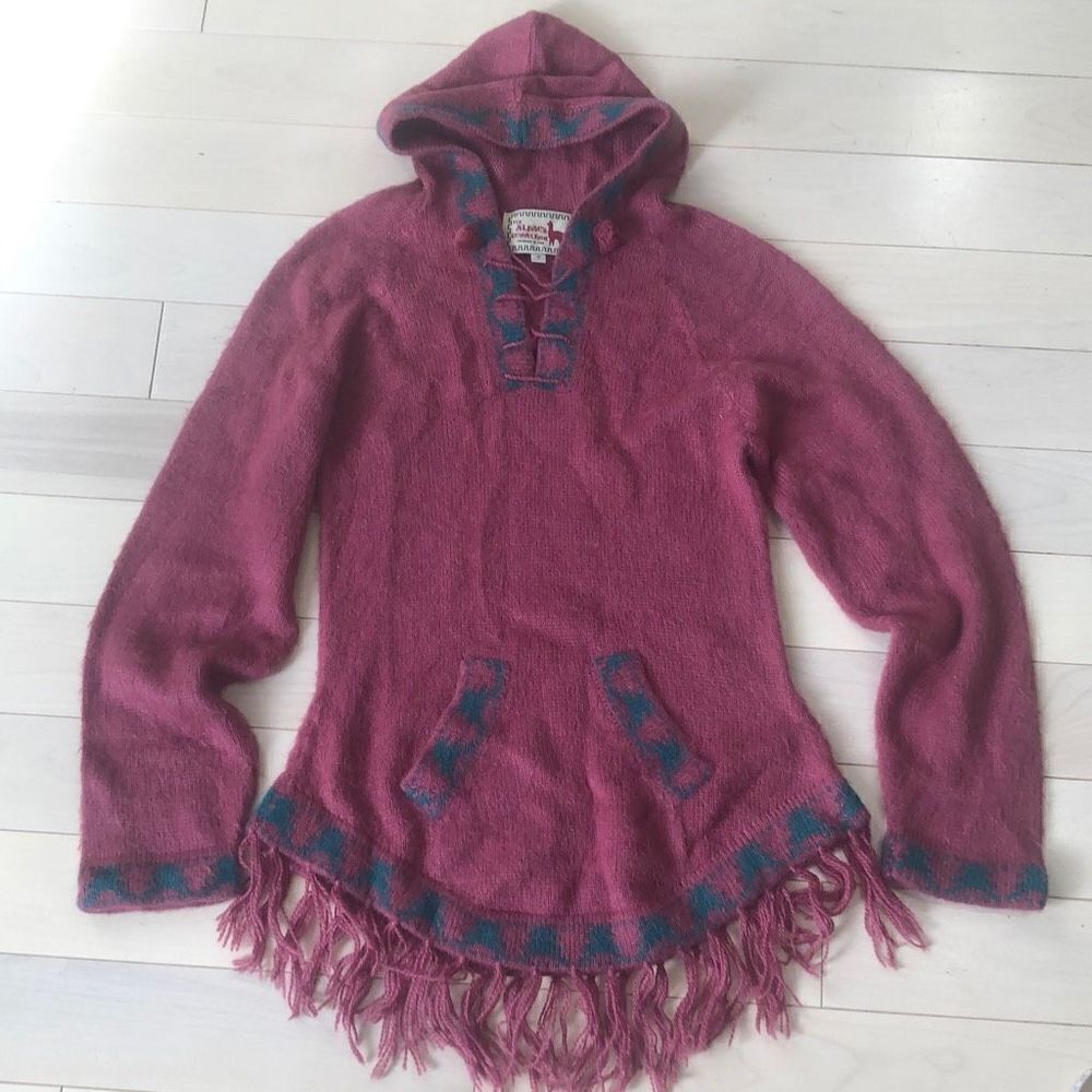 The Alpaca Connection Women's Handmade Knitted V-Neck Hoodie Sweater Red Small